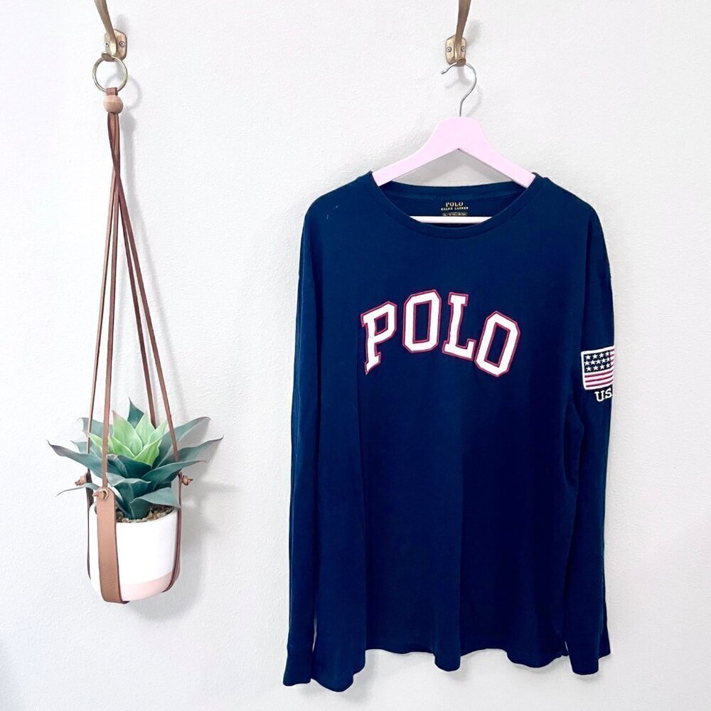 Polo Ralph Lauren Mens Medium Bold Tee Logo With American Flag Patch On Arm XL